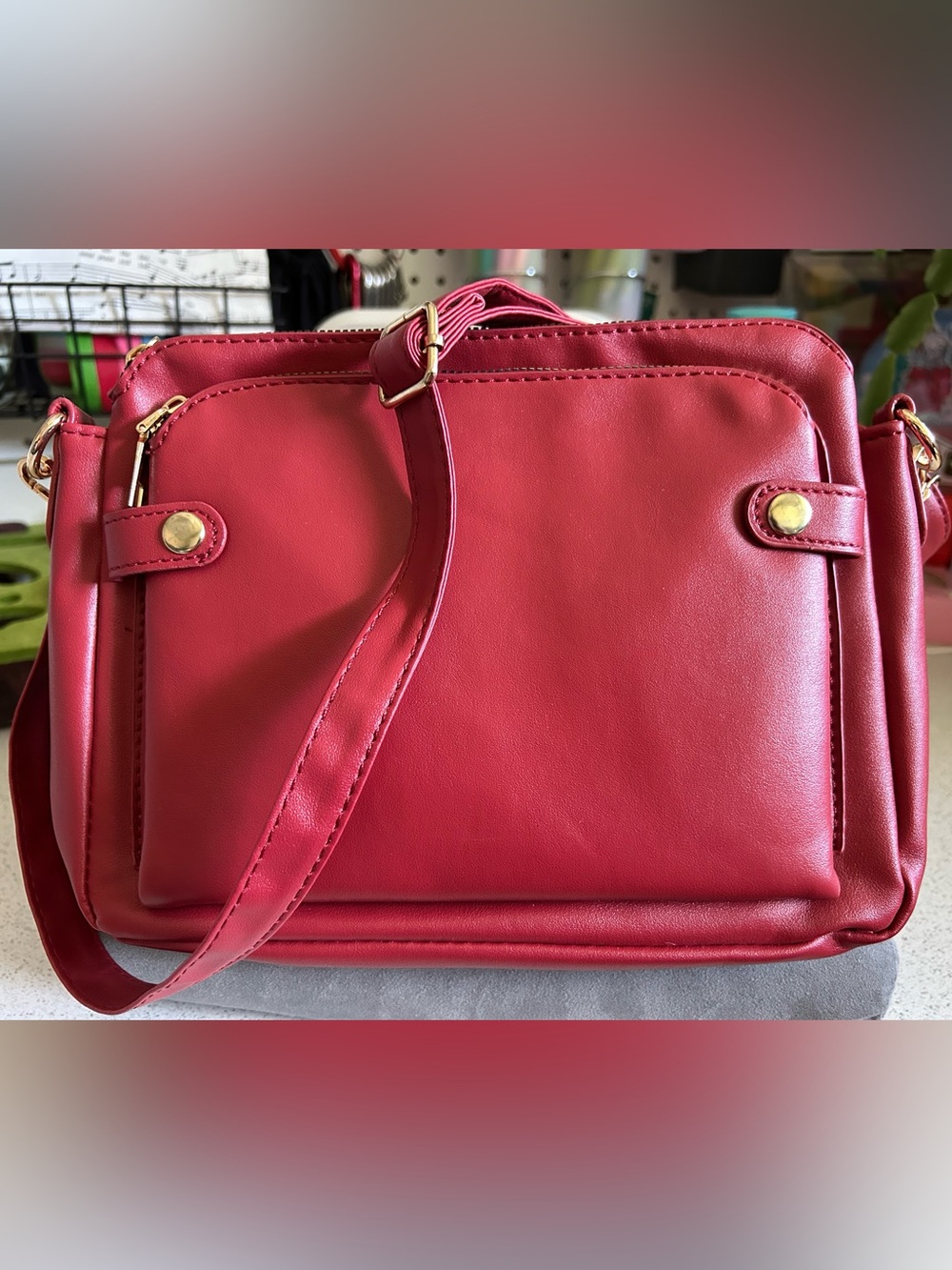 Everyday Red Leatherette Crossbody Bag with Gold Accents
